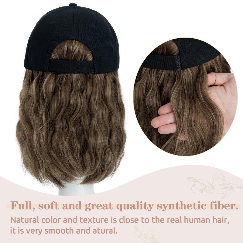 S-noilite Baseball Cap Wig with Hair Extensions 8" Short Curly Wavy Bob Hairstyle Adjustable Hats with Hair Attached for Women Synthetic Highlight Balayage Wavy Bob Hat Wig(#10P22T-Brown Mix Blonde) - Image 3